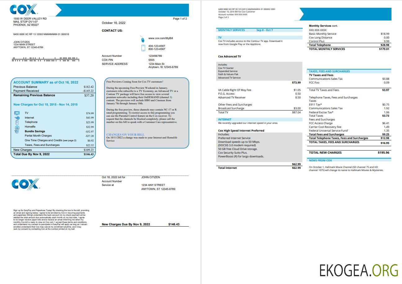 USA COX utility bill template in Word and PDF format